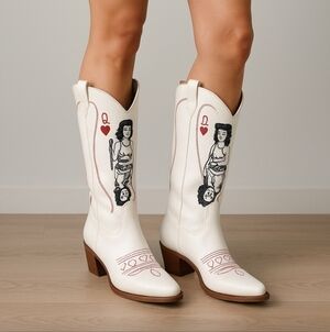 Women's White and Red Heeled Boots